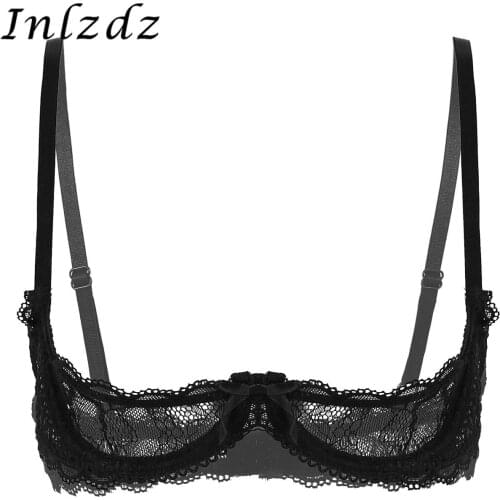 Womens Erotic Lingerie Bra Top See Through Sheer Lace Spaghetti Shoulder Straps 1/4 Cups Push Up Hot Sexy Underwire Bra Tops