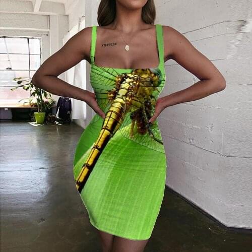 Giyu Brand Dragonfly Dresses Women Animal Sundress Plant Halter Sleeveless Green 3d Print Womens Clothing Plus Size Beach