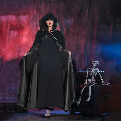 2PCS Adult Halloween Women Black Dress Cloak Cape Hooded Medieval Costume Witch Wicca Vampire Skirt Halloween Costume