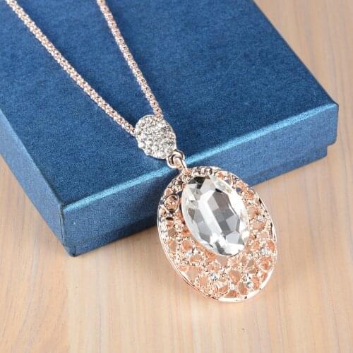 Big Oval Crystal Stone Long Rose Gold Color Pendant Necklace for Women Wedding Fine Jewelry Chain Gifts for Girl jewellery