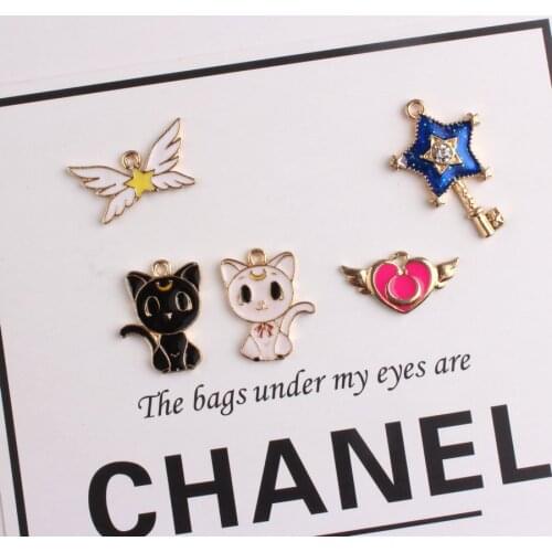 10PCS Japanese Style Enamel Beautiful Girl Key Cat Heart Wings Pendant Charm Fit DIY Bracelet Handmade Jewelry Making