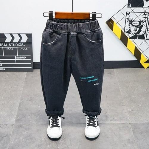 Kids Korean Style Jeans 2020 Winter New Baby Boys Velvet Thicken Trousers Fashion Letter Print Loose Denim Pants For Boy 2-10 Y