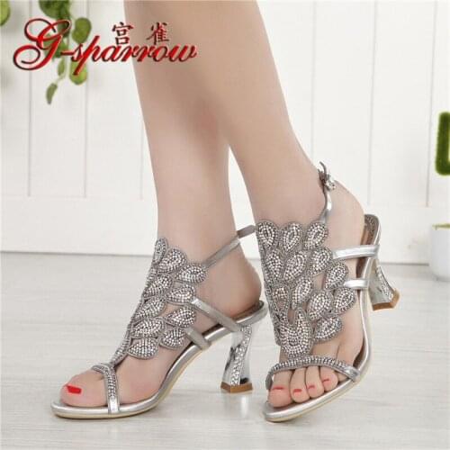 G-sparrow 2018 Summer Korean Rhinestone Slipper Silver Elegant Wedding Shoes Womens Crystal High Heel Sandals