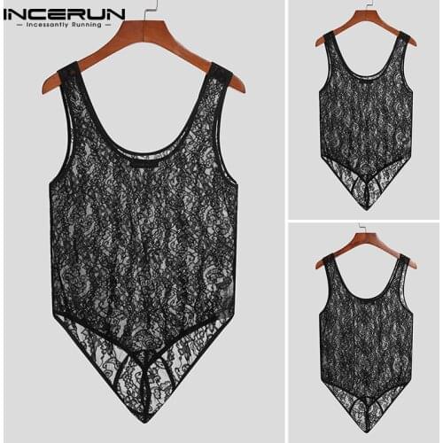 INCERUN Mens Fashion Sexy Leisure Onesies Comfortable Homewear Short Jumpsuit Sleeveless Lace Bodysuits Romper Wear Short S-5XL