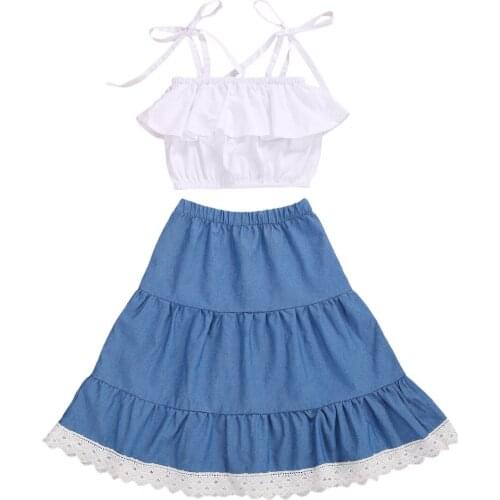 Pudcoco 2-7Y Summer Kids Girls Holiday Boho Clothes Sets Lace Ruffles Spaghetti Strap Top Vest Blue Ankle Length A-Line Skirts