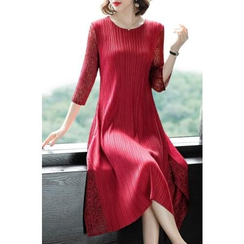 HOT SELLING fashion fold in pure color the o-neck Fight lace three quarter lace sleeve A-Line Dress IN STOCK