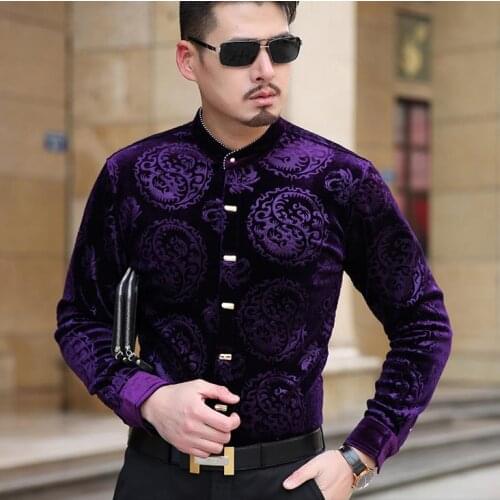 Men Shirts Stand Collar Long Sleeve Velvet Dress Shirt Man Business Fashion Chemise Masculina Camisa Vetement Homm Drop Shipping