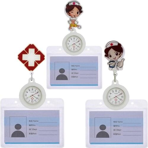 Lovely Smile Hospital Medical Hard Plastic Cartoon Nurse Doctor Retractable Pocket Watches With White Name Cards Holders Clock