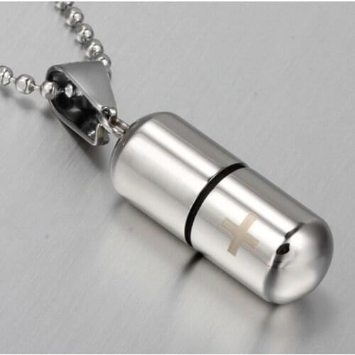 Hollow Pill Necklace For Men Women,Cross Engraved,Cremation Urn Pendant,Perfume Holder,Ashes Vial Keepsake Memorial Jewelry
