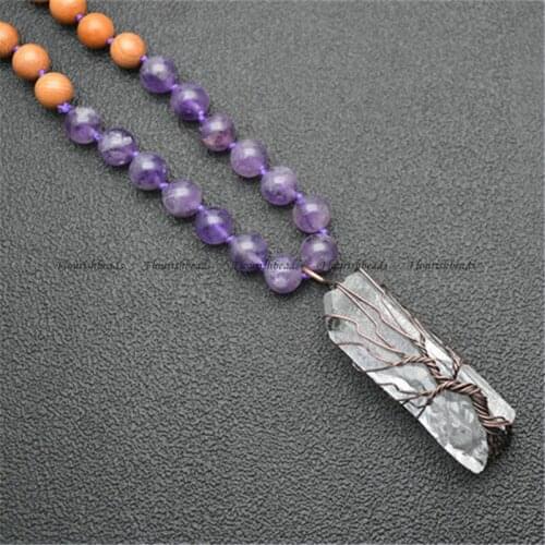 Handmade Rectangle Winding Pendant Natural Crystal Mineral Healing Necklace Amethyst Wood Round Beads Chain Energy Jewelry