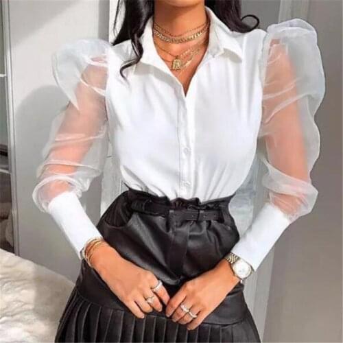 Women Mesh Sheer Sleeve Blouse See-through Long Sleeve Top Shirt Blouse Fashion V-neck Button White Black Shirt Female Blusas