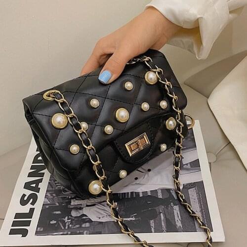 Pearl Women Leather Messenger Bags Sac Luxury Brand Female Shoulder Bag Crossbody Bags Women Handbag Diamond Lattice Flap Chain