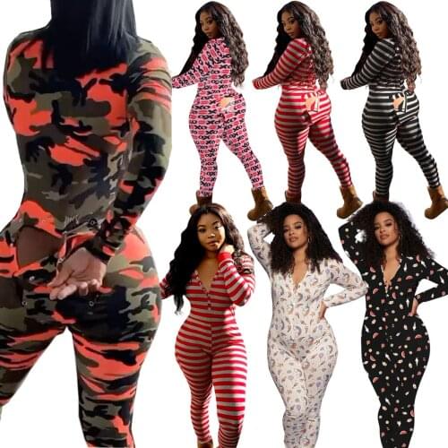 Adogirl Women Sleepwear Jumpsuit Long Sleeve Deep V Neck Bodycon Stretch Slim Button Romper One Piece Pajamas Nightwear Homewear