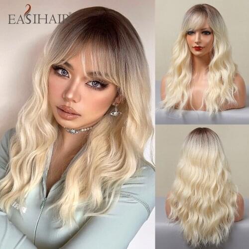 EASIHAIR Brown to Blonde Synthetic Wigs for Women Medium Length Natural Wavy Wigs Heat Resistant Light Blonde Cosplay Wig