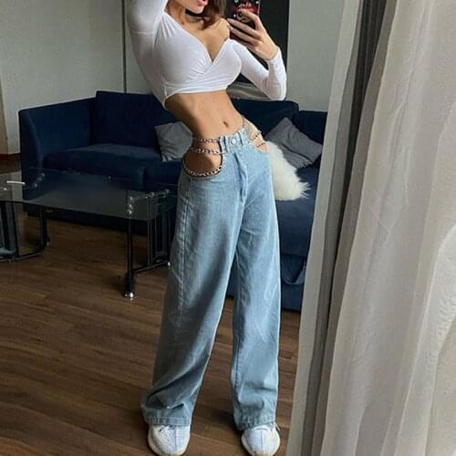 2021 Fashion Sexy Hollow Out Chain Jeans Women Denim Pants High Waist Loose Wide Leg Pants Casual Straight Trousers Streetwear