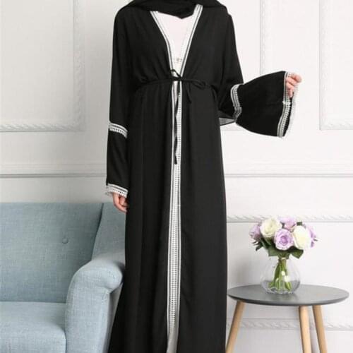 Arab Middle East Turkey Black Lace Stitching Cardigan Abaya Robe Moroccan Berber Jlaba Dubai 2021 Muslim Ladies Clothing