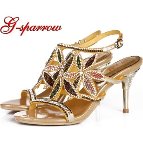 2018 New Rhinestone Summer Sandals Stiletto Heel Beautiful Women Dress Shoes Anniversary Party Prom Heels Gold Color 8cm Heel