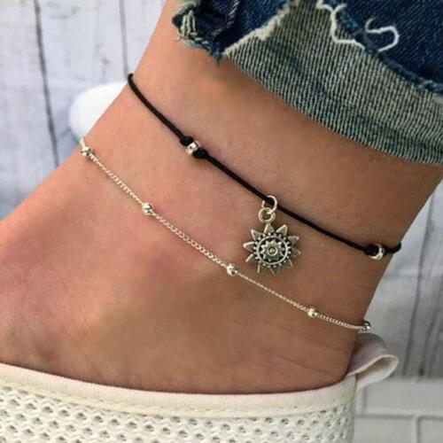 Vintage Boho Multi Layer Beads Anklets For Women Fashion Sun Pendent Anklet Cotton Handmade Chain Foot Party Jewelry Gift