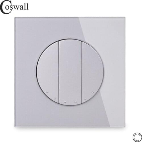 Coswall 3 Gang Momentary Contact Push Button Wall Light Switch Reset Pulse Switch Gray Grey Crystal Glass Panel R11 Series