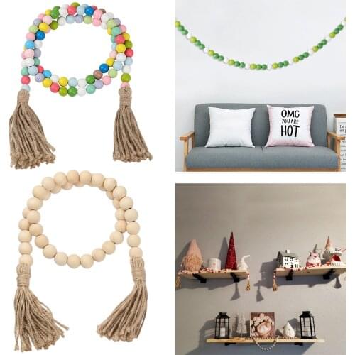 Wooden Bead Garland Farmhouse Rustic Tassle Prayer Bead Mantle Hanging Decor
