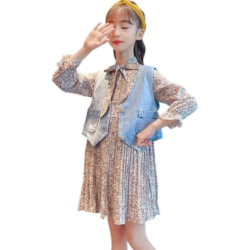 Clothes For Girls Denim Vest + Dress Girl Clothes Floral Pattern Girls Sets Spring Autumn Kids Tracksuit 6 8 10 12 14