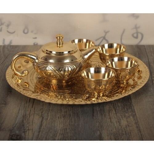 India mini KungFu tea set pure brass office retro tea pot cup tray 4 people household handmade small copper teapot teacup set