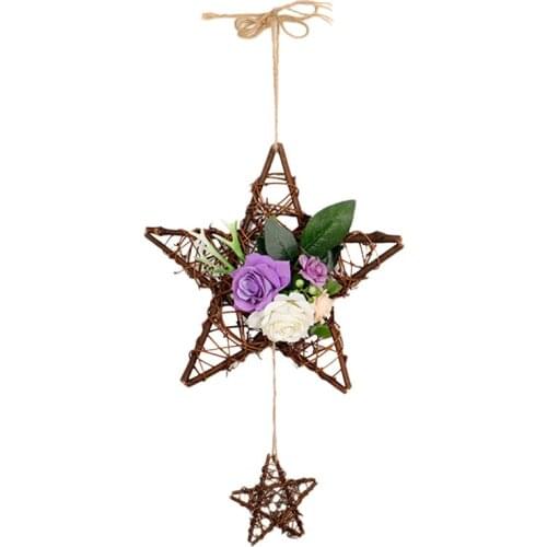 Artificial Star Shape Rose Flower Wreath Double Pentagram Pendant For Front Door Wall Window Wedding Party Home Decor