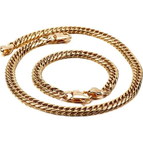 Shiny smooth Clasp Stainless steel jewelry set for mens necklace + bracelet Double chain link 9mm 24''+8.5