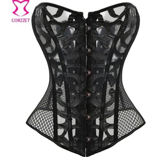 Steampunk Gothic Black Synthetic Leather Corsets Mesh Plus Size Bustier Female Sexy Erotic Gothique Costumes For Women