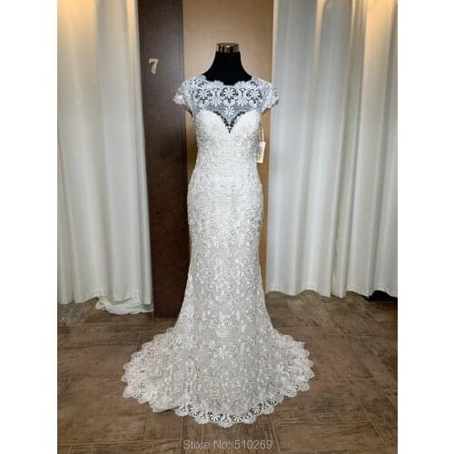 Boho Wedding Gown Lace Sheath Sheer Sweetheart Cap Sleeves Scoop Back Covered Buttons Bridal Gowns Wedding Dress Custom Made