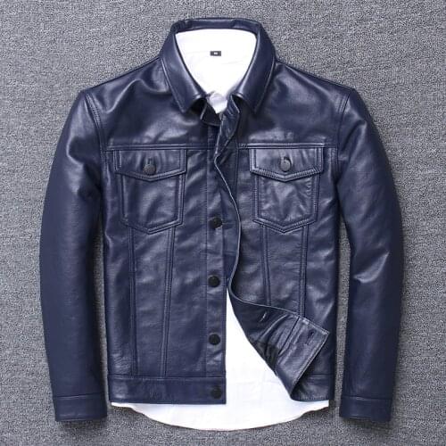 Mens Pure Cowhide Jacket Genuine Leather Clothing Loose Coat Lapel Leisure Time Concise Single Row