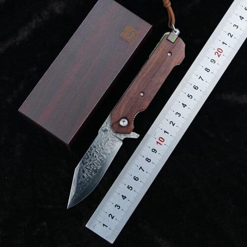 LEMIFSHE folding knife VG10 Damascus blade copper gasket red shadow wooden handle camping outdoor tactical survival EDC tool