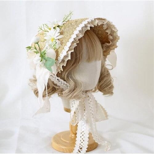 Mori Girl Daisy Flower Lolita Straw Hat Elegant Tea Party Flat Cap Lace Bonnet Bnt BB Hat B1763