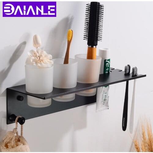 Toothbrush Holder Set Space Aluminum Bathroom Accessories Toothbrush Holder with Three Cup Wall Mounted Bath Shelves with Hooks