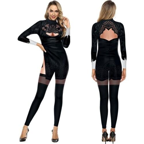 NieR: Automata Game Printed Bodysuit Women Cosplay Costume Elastic Tight Jumpsuits Sexy Slim Long Sleeve Romper Party Show Suits