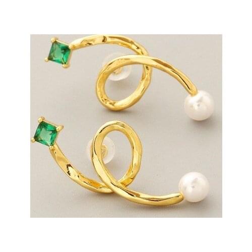 New simple inlaid emerald pearl hollow long womens smooth geometric long earrings