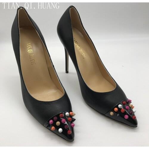 New Arrival Rivet Styles Womens Pumps Genuine leather Apricot High Heels Shoes Woman High Heels Wedding Brand TIAN.QI.HUANG