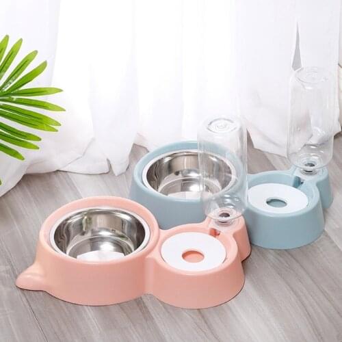 2 In 1 Dogs Cats Bowl Food Drinking Fountains With Automatic Water Outlet Anti-overturning Feeders Plastic Bowl Pet Accessories