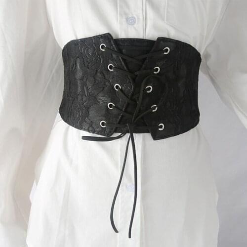 HATCYGGO Women Lace Up Waistband PU Leather Luxury Bow Lace Belt Black Corset Belt Female High Waist Belt Wide Elastic Strap