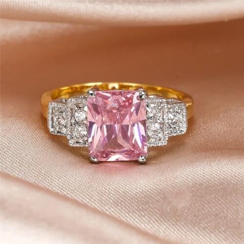 Luxury Female Pink Crystal Stone Ring Yellow Gold Color Wedding Rings For Women Charm Square Engagement Ring