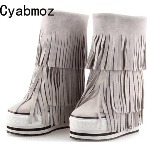 Handmade Fringe Booties Height Increasing 13cm Winter Warm Genuine Leather Suede Tassel Snow Boots Women Platform Elevator Shoes