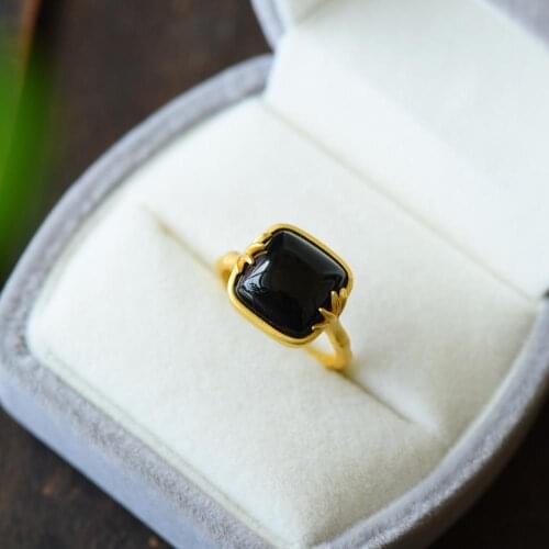 S925 silver inlaid Hetian black jade square ring retro palace style elegant exquisite fashion noble luxury jewelry JZ046