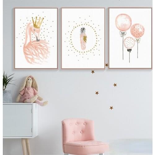 Self Adhesive Wall Stickers Swan Poster Nursery Pink Balloon Feather Wall Art Cartoon Wall Pictures Girl Baby Room Decoration