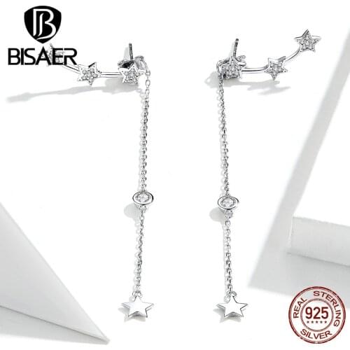 Tassel Earrings BISAER 925 Sterling Silver Luminous Star Long Chain Star Women Stud Earrings Stud Sterling Silver Jewelry ECE727