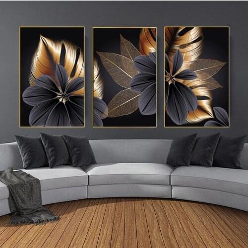 Triptych Black Golden Plant Leaf Home Decor Abstract Wall Art Diamond Painting Nordic Living Room Decoration Picture WS