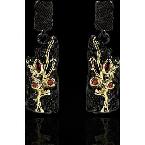 High quality 925 silver Two-tone black gold earring for womens embossed red zircon earrings jewelry gift vintage earrings