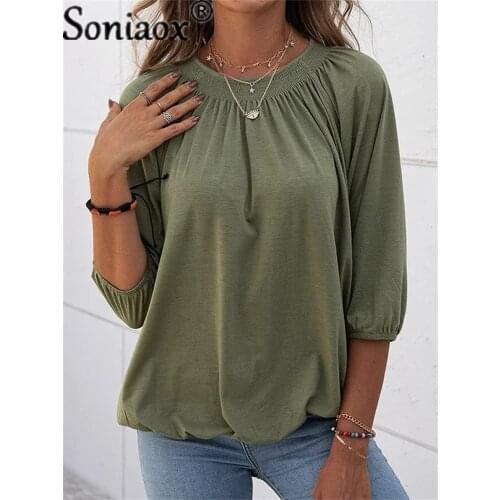 Womens Spring Autumn Solid Color Half sleeve T-Shirts Shrinkage Folds O-Neck T Shirt 2021 Ladies New Casual Loose Street Tops