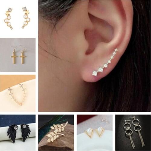 Stud Earrings Alloy Feather Wings Leaves Heart Shaped Bows Imitation pearls Flowers cross Fashion Earrings Female jewelry