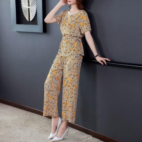 2021 Summer Women Fashion Cotton Lace-up Short-sleeve Slim Top + Loose High Waist Nine-point Wide-leg Pants Two-piece Suit Y647