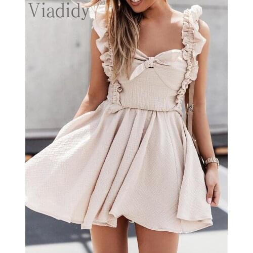 Women Square Neck Ruffles Knotted Front Backless Casual A-line Dress